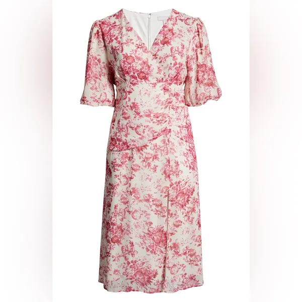 Chelsea28 Forget Me Not Floral Print Puff Sleeve Midi Dress in Beige and Pink - Image 5
