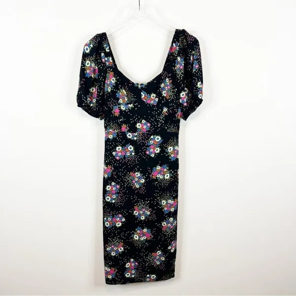 Anthropologie‎ Scarletta Sweetheart Neckline Puff Sleeve Floral Dress 2 Black - Image 2