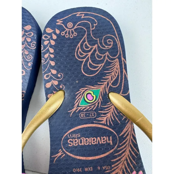 Havaianas Slim Peacock Feather‎ Flip Flops Womens Size 6 7 Navy Gold Resort - Image 2