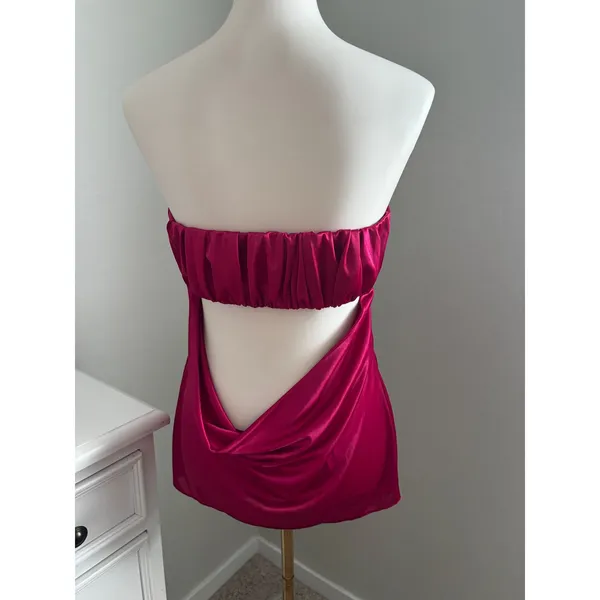 Justsweet Fuchsia Pink Satin‎ Strapless Open Back Cowl Top Y2K Size M - Image 2