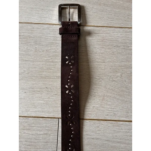 Brown Suede Leather Floral Studded Belt Silver Buckle Boho Western ML - Image 2