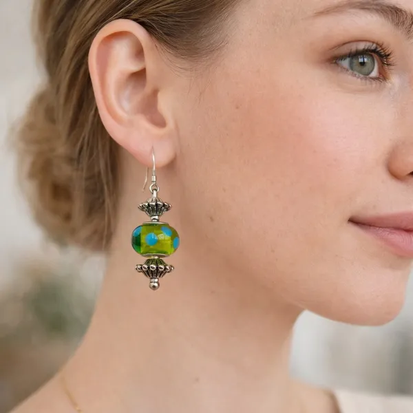 Lampwork Green Polka Dot Glass Dangle Earrings Silver Tone - Image 3