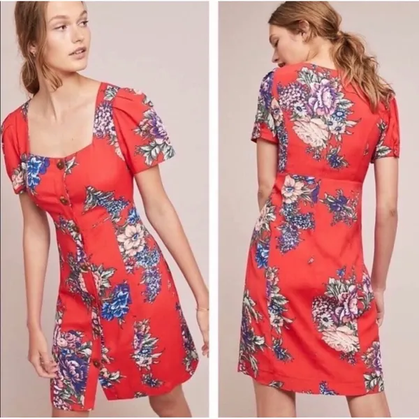 Maeve Dress Women 4 Red Floral Button Front Square Neck Mini Boho Anthropologie - Image 2