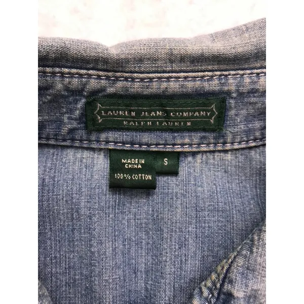 Lauren Ralph Lauren Denim Shirt Womens Small‎ Blue Pleated Puff Sleeve Western - Image 2