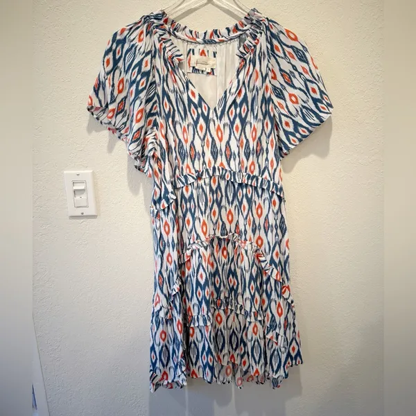 ANTHROPOLOGIE‎ Robin Tiered Ruffle Dress in Ikat White & Blue Print XS - Image 4