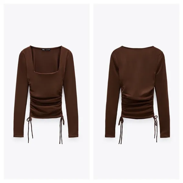 ZARA Brown Square Neck Ruched Stretch Jersey Top With Side Gathering Large - Image 3