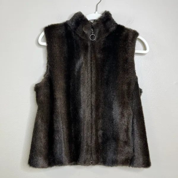 Women's Faux Fur Vest Full‎ Zip Ann Taylor Luxury Mock Neck Small - Image 2