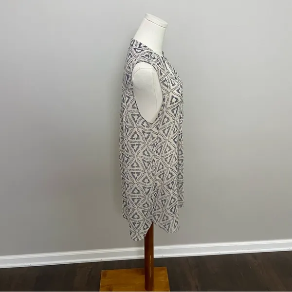 Lumière Top Tunic Sheer Split Neck Collar Lagenlook Geometric Blue Tan Ivory - Image 6