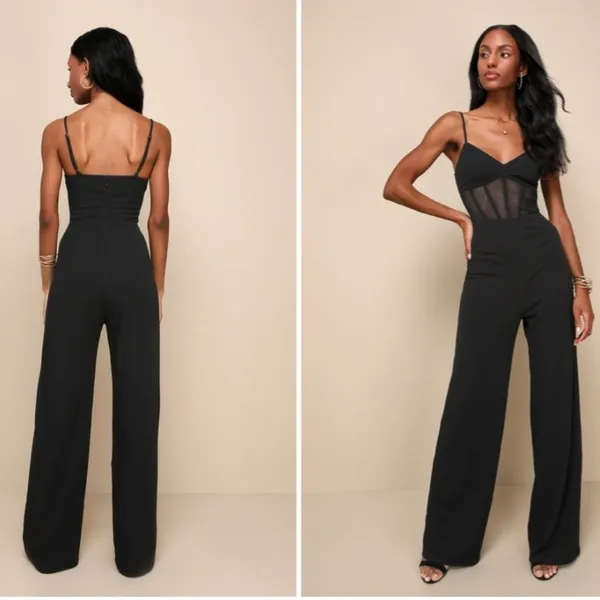 LULU's Sexy Chic Elegant Sheer Bustier Corset Black Wideleg Jumpsuit Pantsuit - Image 3
