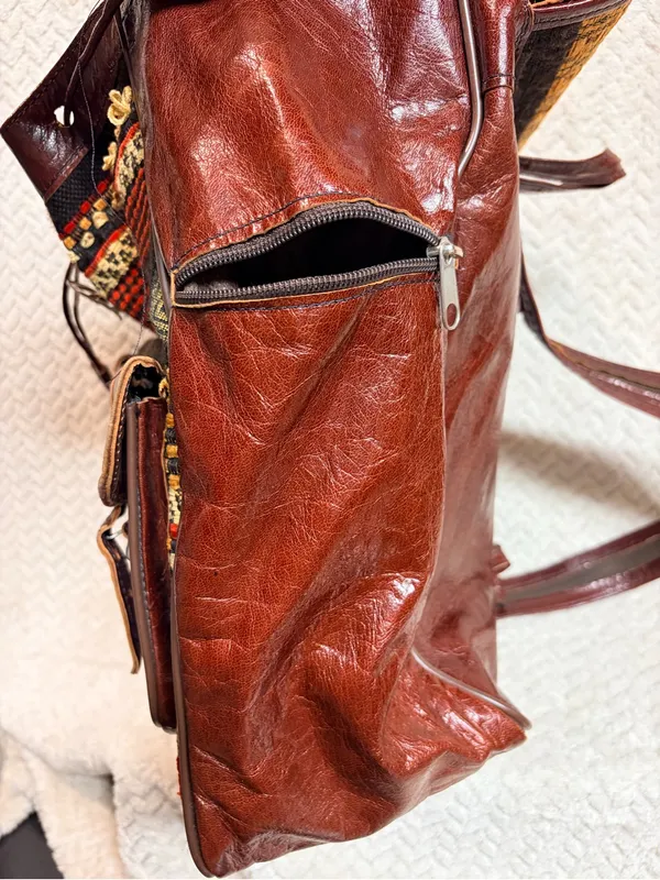 Vintage Vrai Cuir Leather‎ Tapestry Backpack - Boho Moroccan Handcrafted Bag - Image 5