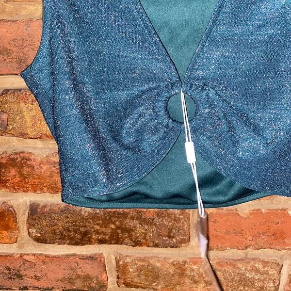 NWT Fashion Teal Blue Glitter Sparkle Grommet Crop Tank Top Women's Size XS - Image 4