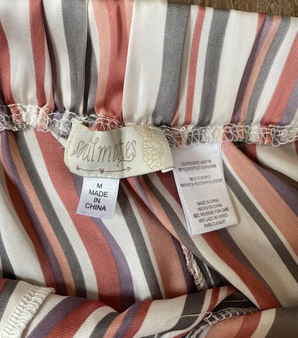 satin striped pants elastic waist belted pink grey women’s size M - Image 11