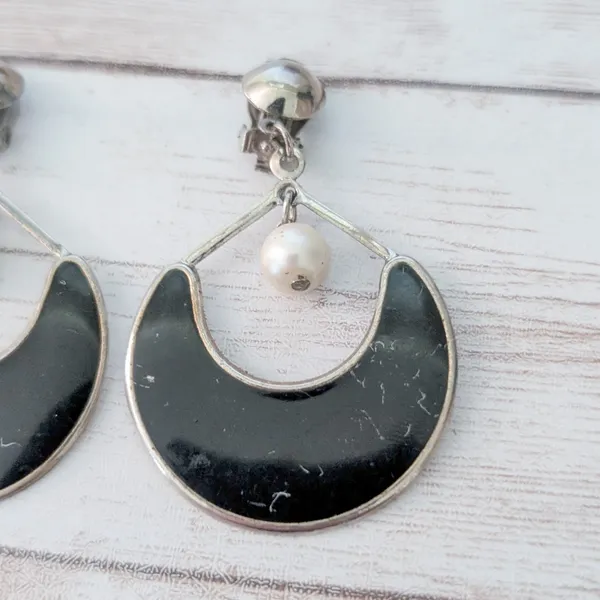 Vintage Clip On Earrings Very Large Black & Faux Pearl Dangle - Condition Issues - Image 3