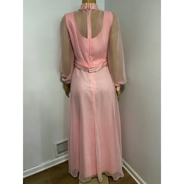 Vintage 70s Pink Chiffon Maxi Gown Sheer Bishop Sleeve Mock Neck Formal Dress - Image 6