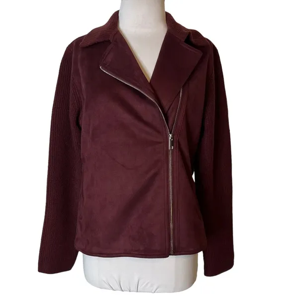 Ann Taylor Faux Suede Moto Sweater Jacket burgundy sz S‎ - Image 8