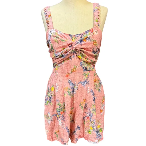 Ranna Gill S Len Scallop Romper Pink Floral Linen Smocked Garden Brunch Bohemian - Image 5
