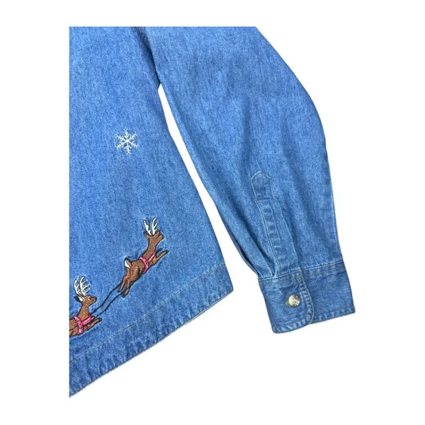 Vintage Bill Blass‎ Holiday Denim Shirt Santa Embroidery Black Velvet Collar XL - Image 3