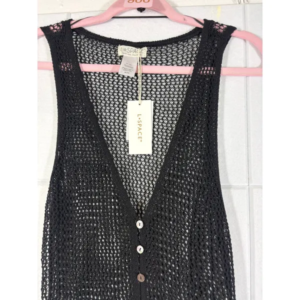 L*Space Adrift Dress Black Crochet Maxi Button Down Cover Up Medium - Image 5