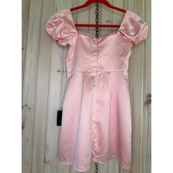 NWT Lulus Adorable Poise Peach Pink Pearl Puff Sleeve Mini Dress Party Size XS - Image 5