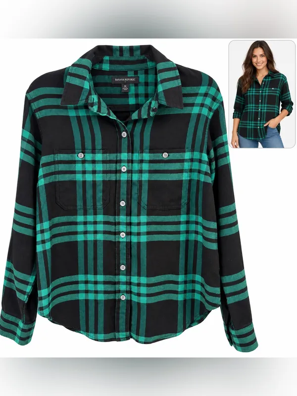 Banana Republic Green M Black Plaid Button-Front Shirt preppy fall cute style - Image 2