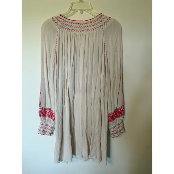 Free People Boho Embroidered Mini Dress Cream Red Tassel XS Peasant Gauze - Image 5