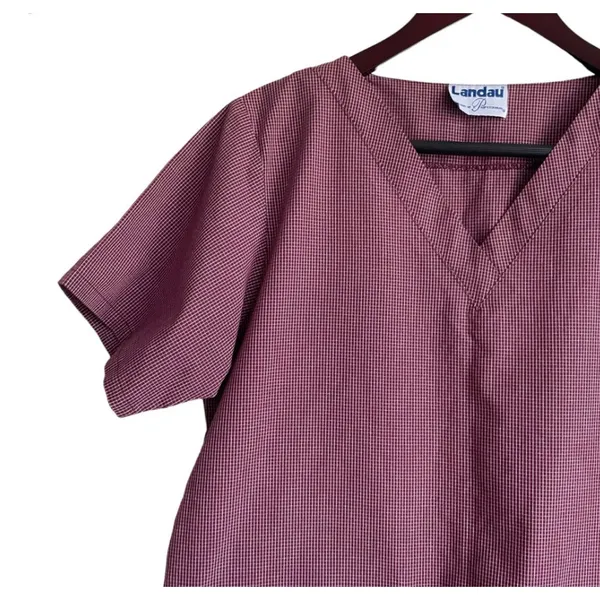 Landau Womens Scrub Top M Burgundy Check V-Neck 2 Pocket Medical Uniform Nurse‎ - Image 4