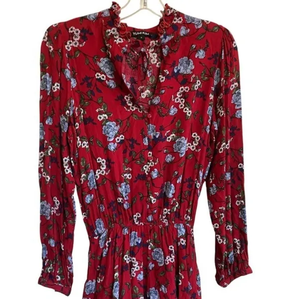 Yumi Kim Red Floral Ruffle Tiered Mini Dress Long Sleeve Smocked Waist Size‎ S - Image 6