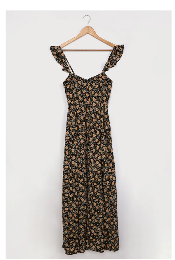 Lulus The Way to Love Black Floral Print Ruffled Maxi Dress Sz M - Image 3