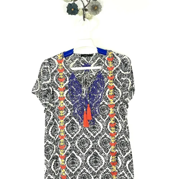 THML Damask Print Multicolor Embroidered Casual Tunic Dress Size Small FLAW - Image 4