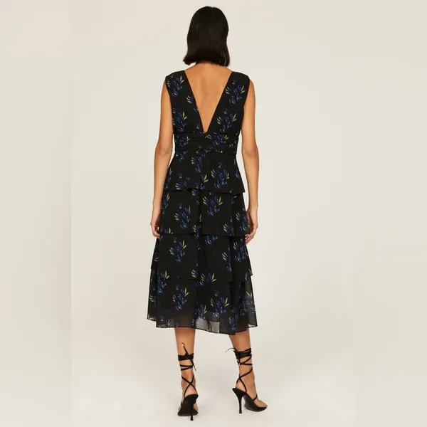 AMUR Fionna Tiered Ruffle Sleeveless‎ Midi Dress Black Floral Women's Size 6 - Image 2
