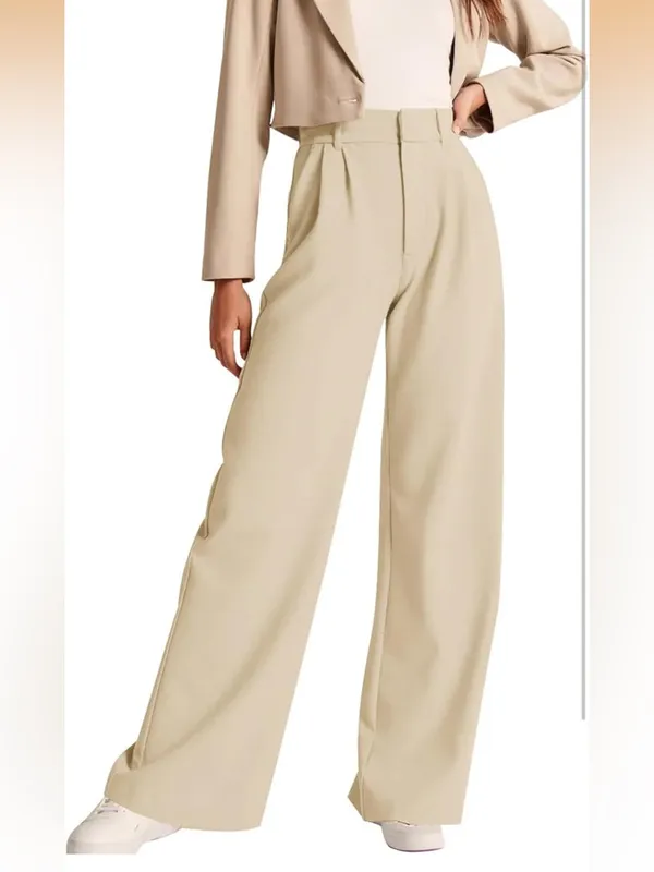 NWOT Small Cream Wide Leg Pleated Trousers Elastic Back High Rise Career Pants - Image 3