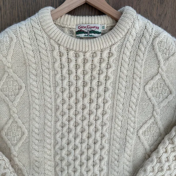 Anthropologie Vintage Celtic Country 100% Wool Irish Cable Knit Crew Neck Sweater Cream Large - Image 3