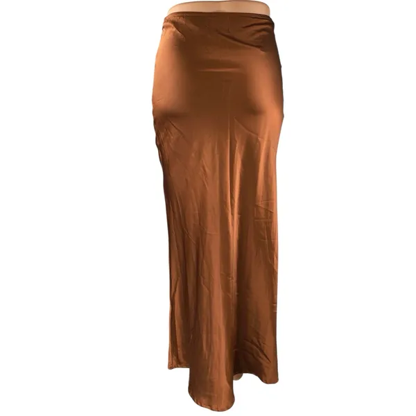 Princess Polly Jones Brown Silk Satin Ruched Slim Side Zip Maxi A-Line Skirt 2 - Image 3
