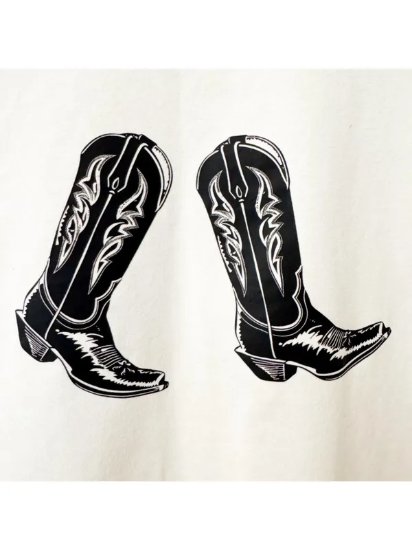 Shein Shirt Size XL White Cowboy Boot Crewneck Cropped Rodeo Blouse Rancher Boho - Image 3