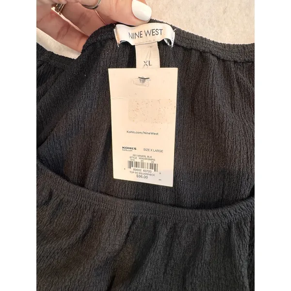 Nine West Womens XL Mineral Black Square Neck Puff Sleeve Smocked Peplum Top NEW - Image 3