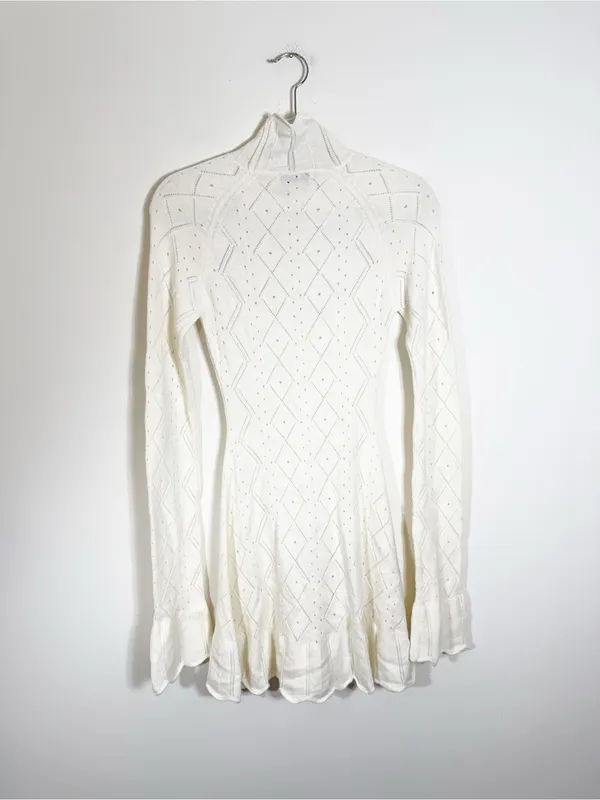 Danielle Guizio Cream Wool Pointelle Long Sleeve Mini Dress Small - Image 3