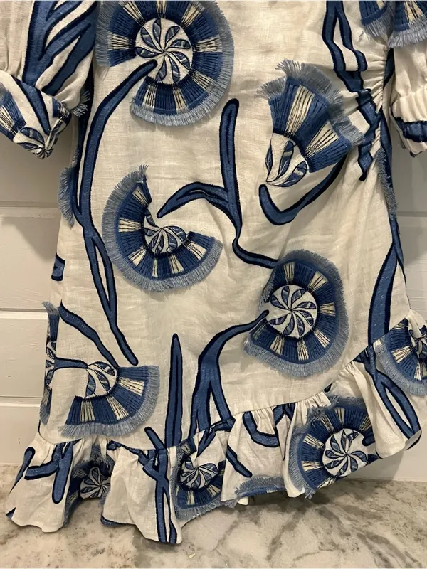 Alexis White Mini Dress with Blue Abstract Fan Print and Puff Sleeves - Image 4