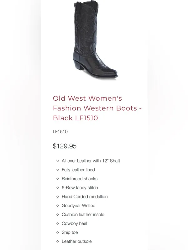 Old West Black Leather Western Heeled Boots LF1510 Size 6 - Image 2