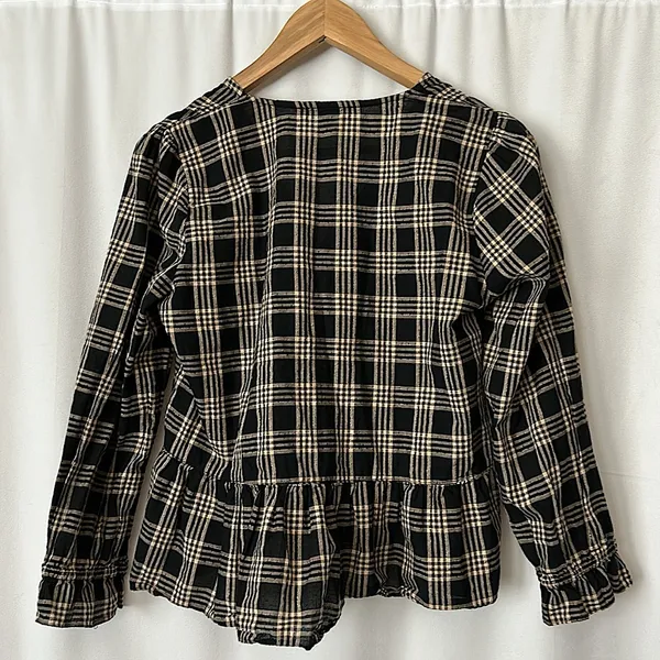 Madewell Black/Beige Checkered Long Sleeve Babydoll Shirt Top **Size S**🌸🌸 - Image 2