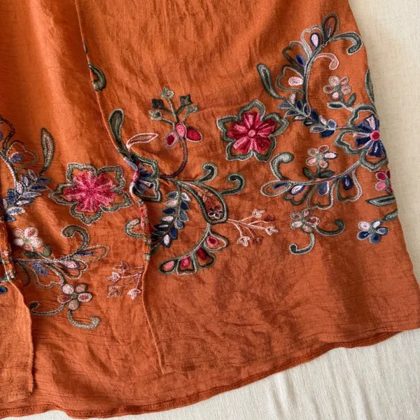 Boho Embroidered Kimono Cardigan Duster Rust Floral Open Front Festival One Size - Image 14