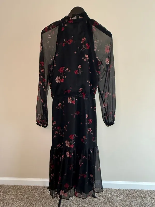Lauren Ralph Lauren‎ Black Floral Print Crinkle Georgette Midi Dress - Image 3