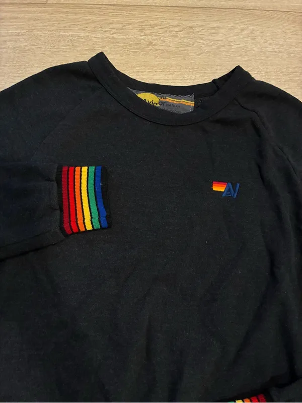 Aviator Nation Women’s Rainbow Rib Crew Neck Sweatshirt Charcoal Gray Size M - Image 2