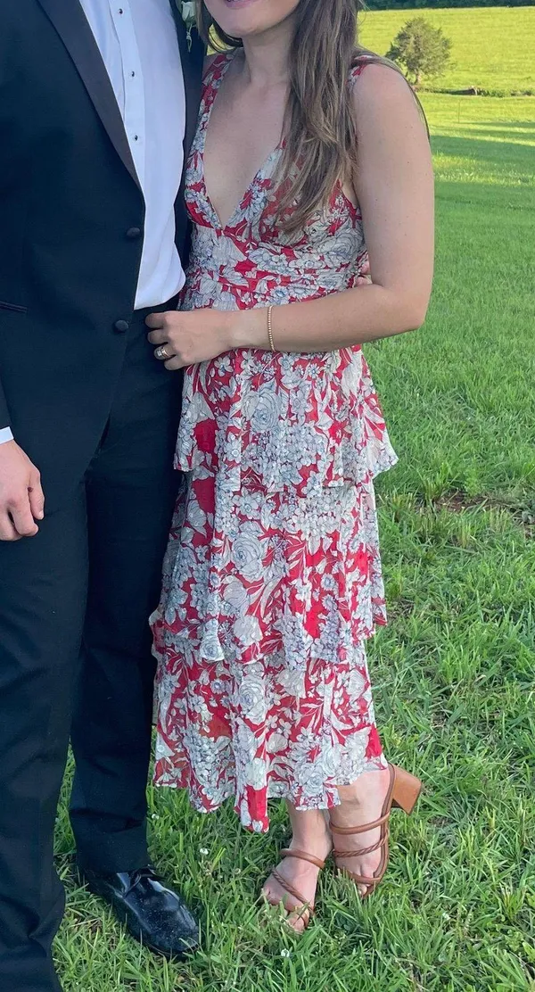 Tier Comes The Sun Red Floral Print Midi Dress - Image 3