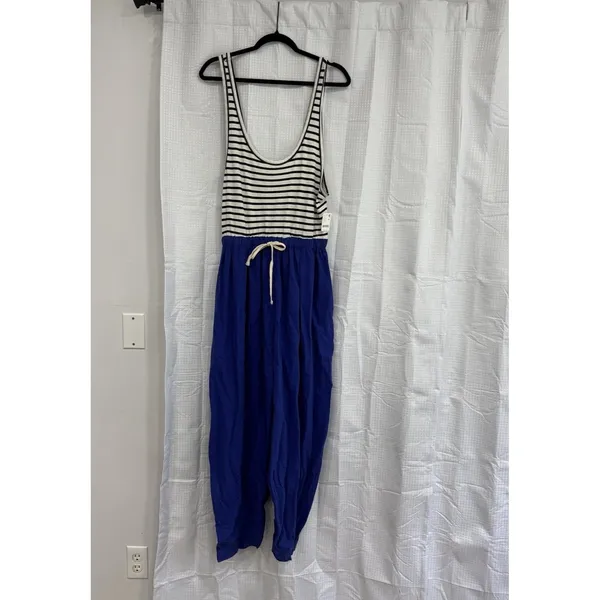 Free People Jumpsuit Womens Size Small Le Plage Blue White Black Stripe NWT - Image 2