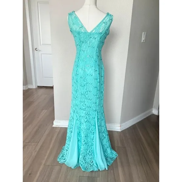 Y2K Eureka Aqua Mint Green Sequin Lace Mermaid Evening Gown Dress Medium - Image 6
