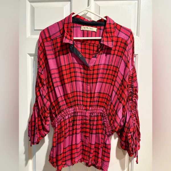Free People Pacific Dawn plaid shirt snaps drawstring pink sz L M - Image 3