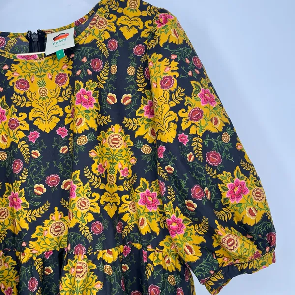 Farm Rio Arabesque Floral Mini Dress Puff Sleeve Tiered Black Yellow Large - Image 7