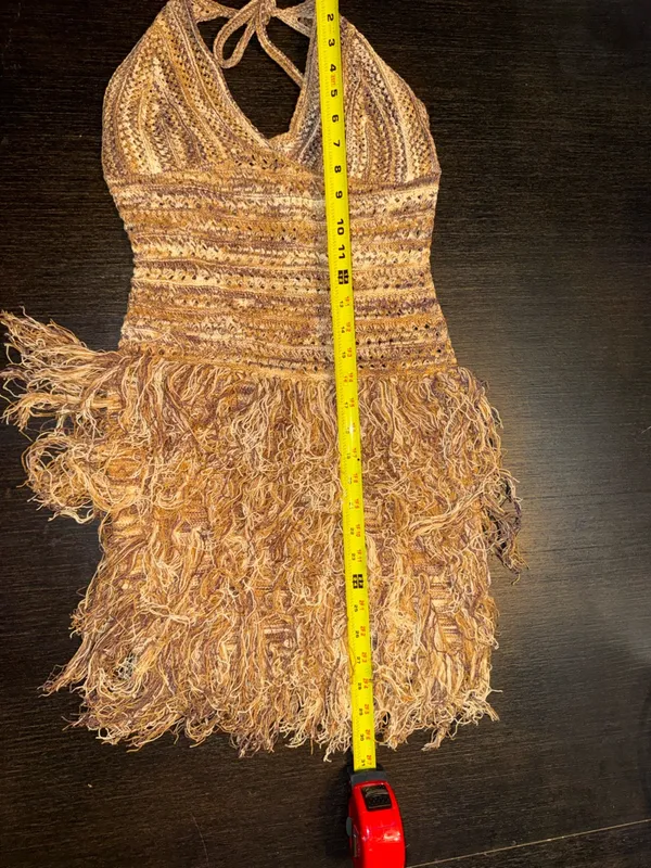 Women's Vintage Inspired Maillard Color Tassel Hem V-Neck Halter Mini Dress - Image 5
