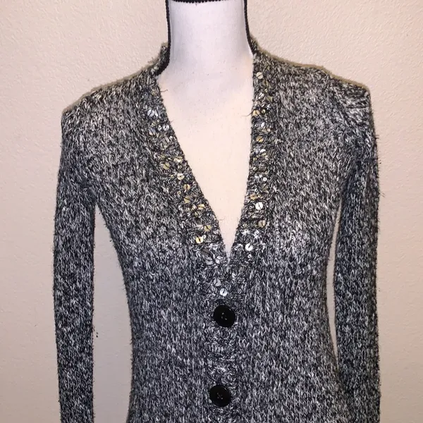 Mudd  heathered grey sequined v-neck button down sweater - Image 2