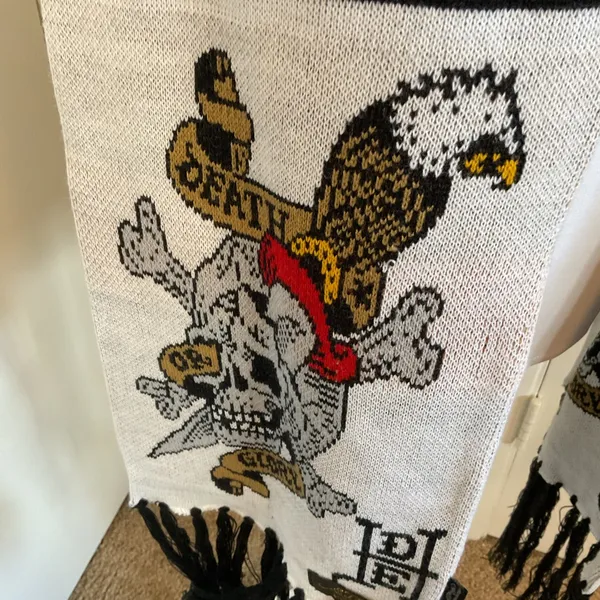 Ed Hardy Christian Audigier White Scarf Death or Glory Skull Graphic Fringe - Image 3